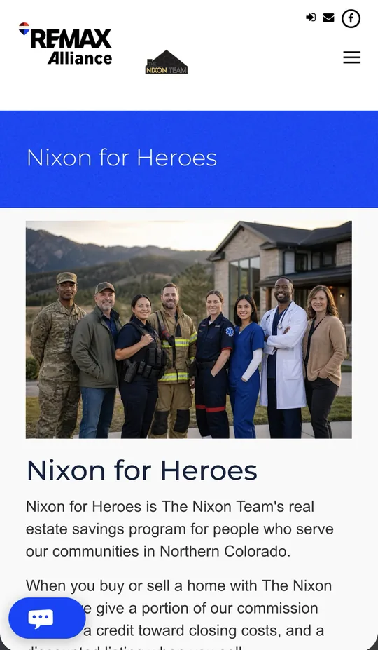 Phone screenshot of the Nixon for Heroes website